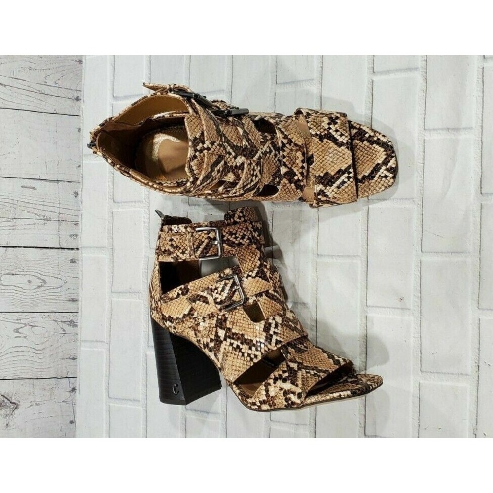 Sam Edelman Ezra Caged Sandals Women 7.5 Brown Snakeskin Print Block Heel Buckle